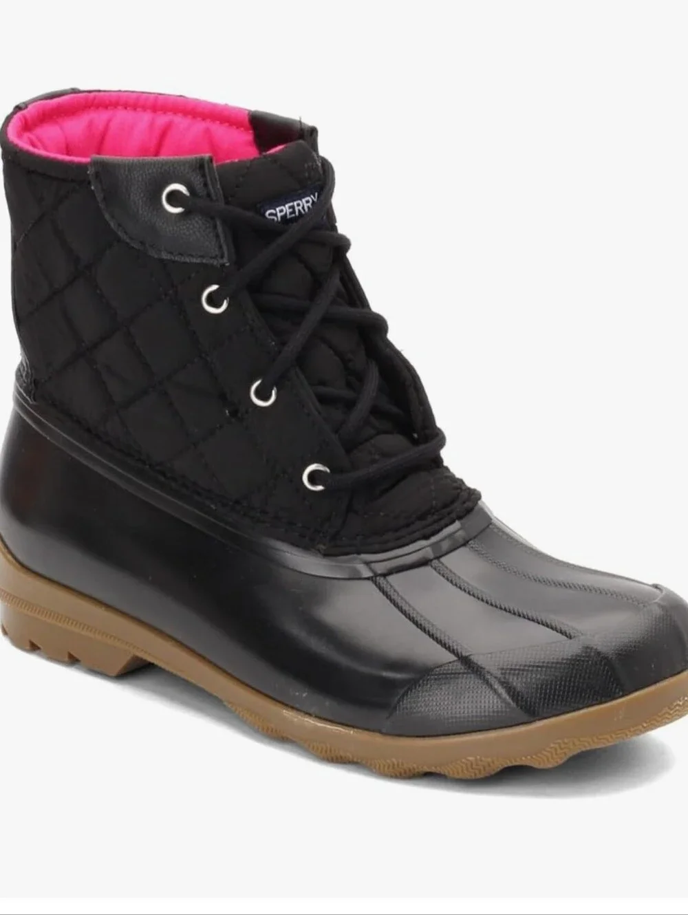 Sperry Girls' Port Quilted Duck Boots Sz 3 Black/Pink Rain Snow Winter Boots